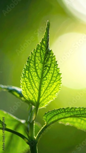 Wallpaper Mural Vibrant backlit green leaf capturing morning sunlight against a soft bokeh background. Torontodigital.ca