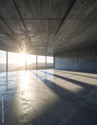 Wallpaper Mural Modern concrete interior space flooded with dramatic sunset light overlooking a mountain landscape. Torontodigital.ca