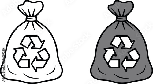 Recycling garbage bag illustration set featuring white and black waste sacks with recycle symbol, representing waste sorting, sustainability, environmental care, and recycling 