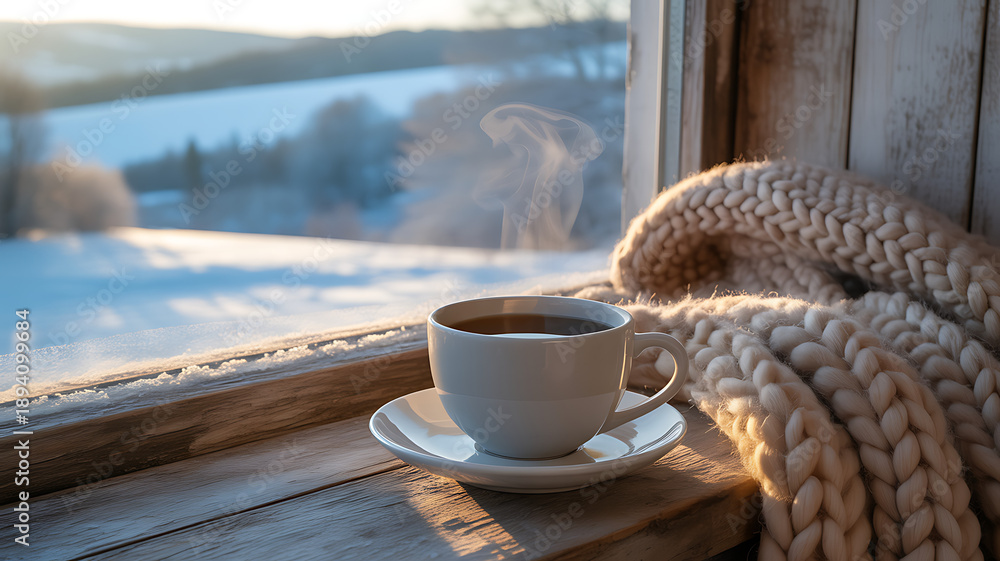 Fototapeta premium Steaming cup of hot coffee on a wooden windowsill with a cozy knit blanket and snowy landscape for chocolate day winter morning