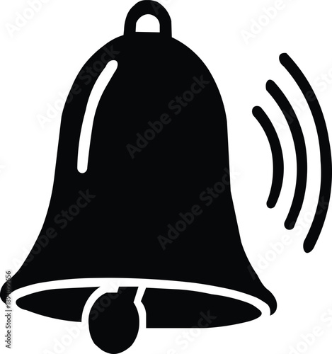 Black silhouette icon of a ringing bell with sound waves for alarms and notifications