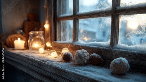 Winter holiday window scene with frosted wood, snow, glowing lights, candles, and dried fruits in rustic cozy atmosphere for seasonal home inspiration