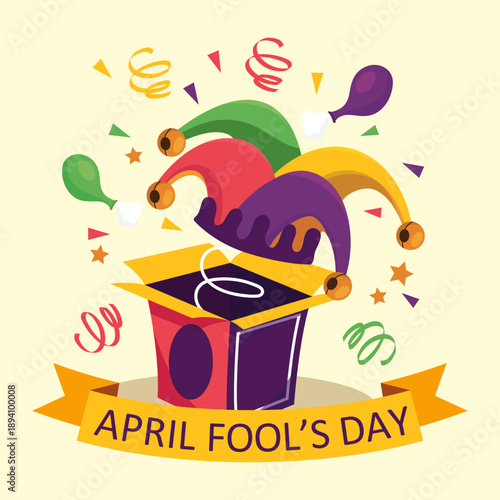 Vivid illustration depicting a colorful classic jack in the box surprising viewers with a jester hat popping out amid festive confetti celebrating the annual April Fool's Day holiday concept.