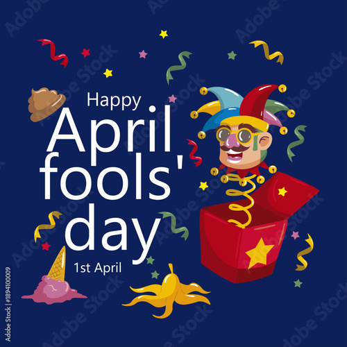 Happy April Fools Day celebration featuring a classic jack in the box with a jester popping out surrounded by confetti streamers and humorous prank elements like a banana peel and melting ice cream.