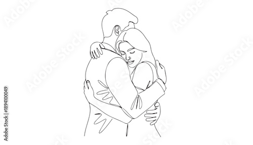 Continuous line art illustration of a loving couple embracing, symbolizing connection, affection, and togetherness in a minimalist style
