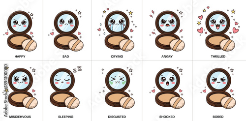 Kawaii Compact Powder Emotion Faces Set Cosmetic Mascot Cute Makeup Doodle Vector Collection Illustration