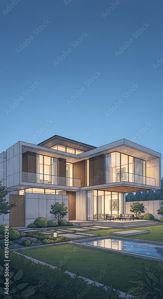 Fototapeta premium Modern house with large windows exterior.
