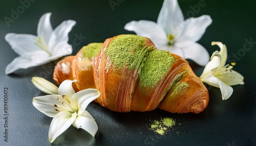 Golden Croissant Topped With Vibrant Green Matcha Tea Glaze And White Lily Flowers