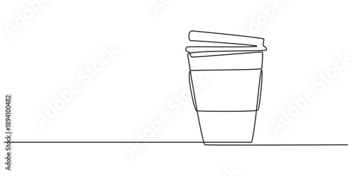 Coffee to go continuous line vector illustration, Paper cup of hot coffee in one Continuous line drawing. Concept of drink to go in line art style. Editable stroke. Vector illustration, Minimal design