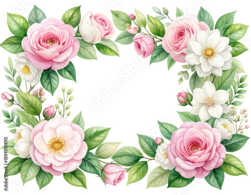 Spring Pink Rose Watercolor Floral Border Frame on Transparent Background
