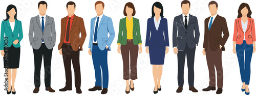 Diverse professional business people wearing colorful smart casual office attire and formal suits standing together for corporate team career concept