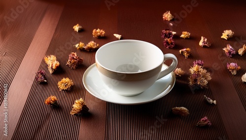 Empty Tea Cup On Brown Surface With Scattered Dried Flowers