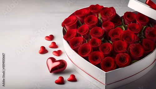 Red Roses And Hearts In White Box