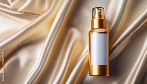 Mock Up Golden Spray Bottle For Cosmetics On Elegant White Satin Backdrop