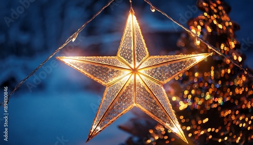 Glowing Star Ornament With Christmas Lights At Winter Night