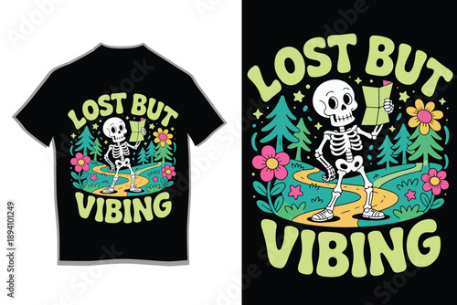 Lost But Vibing Skeleton Retro Cartoon T-Shirt Design