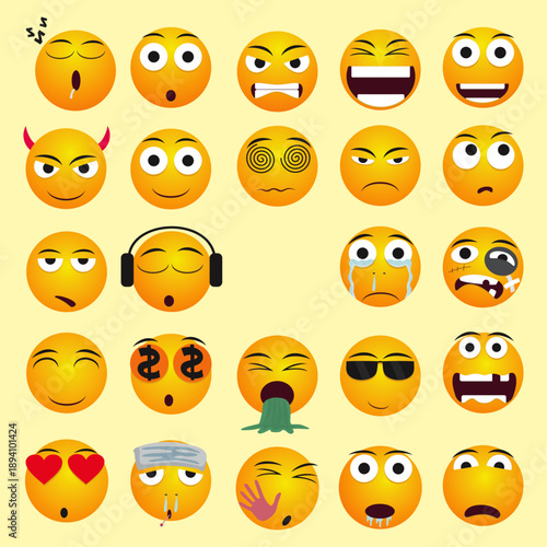 Collection of numerous expressive yellow circular emoji icons displaying a vast spectrum of human emotions, physical conditions, and playful symbolic reactions in a repeating digital pattern design.