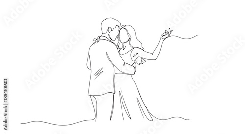 Romantic continuous line art illustration depicting a couple dancing, symbolizing love, connection, and elegant intimacy. A minimalist vector drawing of shared joy and partnership