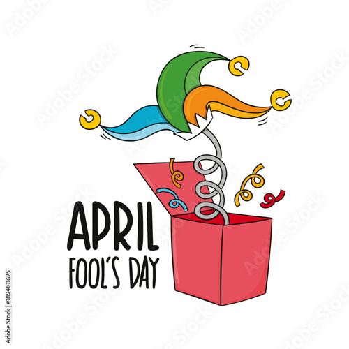 Colorful cartoon illustration depicts a classic jack in the box surprising everyone with a jester hat popping out of the open red container to celebrate april fool's day mischief.