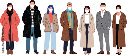 Group of diverse people wearing winter coats and protective face masks standing together for health safety during cold seasonal flu