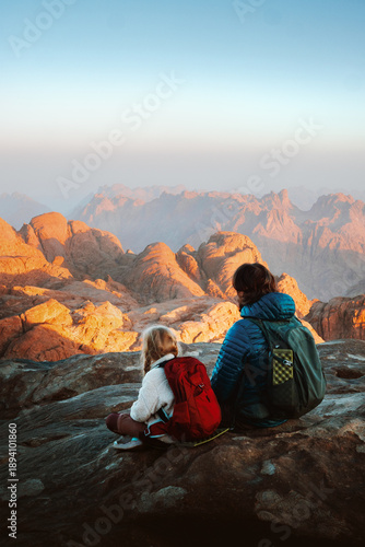 Canvas Print Family camping trip father and daughter hiking in mountains travel vacations wee