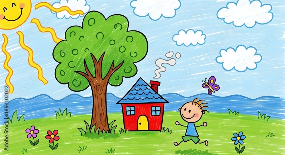 Naklejka premium Happy mother's day illustration of child and house under sunny sky