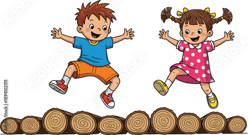 Cute cartoon boy and girl jumping over wooden logs, happy kids outdoor play, vector illustration for childhood fun activity concept