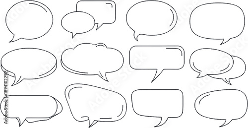 A versatile collection of diverse hand-drawn outline speech bubbles, thought clouds, and chat boxes, perfect for creative communication design elements and dialogue graphics