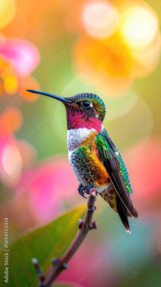 Fototapeta premium A vibrantly colored hummingbird perched on a twig against a bokeh background.