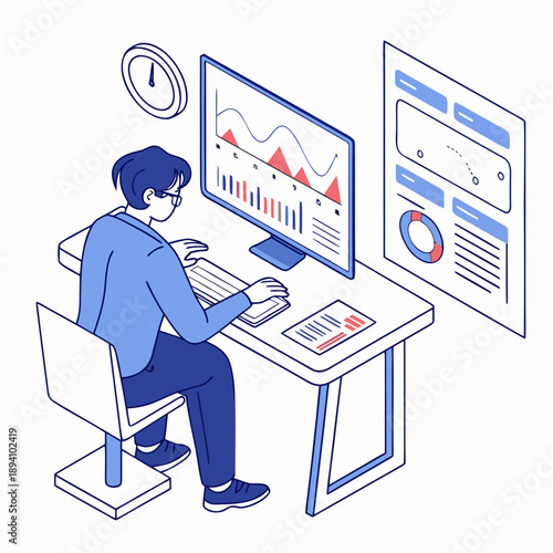 A person analyzing data and financial reports on a computer screen at a modern office