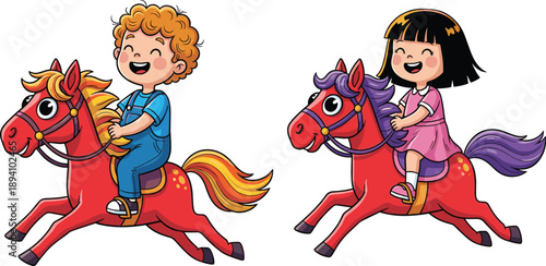 Cute cartoon boy and girl riding horses, happy kids animal fun, vector illustration for childhood play, adventure, imagination concept