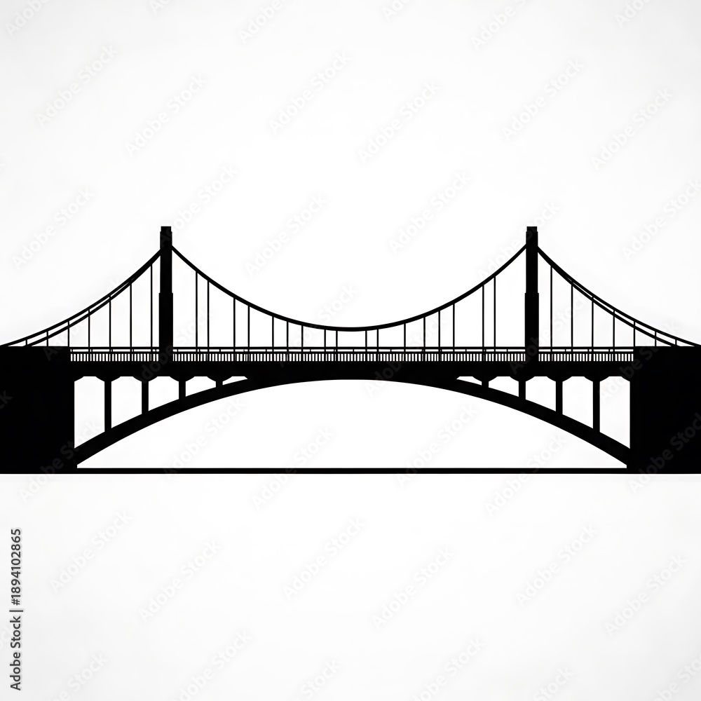 Fototapeta premium Suspension bridge silhouette against white.