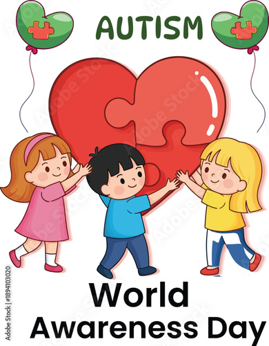 World autism awareness day with children working together on a large puzzle heart