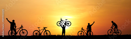 Silhouettes of cyclists enjoying a ride against a vibrant sunset, celebrating and riding. A sense of freedom and achievement
