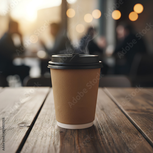 Wallpaper Mural Close-up of a blank craft paper coffee cup for to-go drinks placed on a planked wooden desk with a defocused cafeteria background and warm incandescent glow Torontodigital.ca