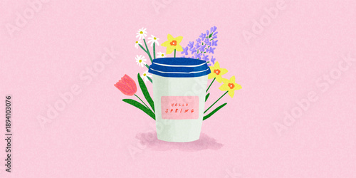 Cutest Spring card, banner or poster with a coffee cup encircled by vibrant spring flowers narcissus, tulips, daisies  against a soft pink backdrop. Hand drawn spring floral art template.