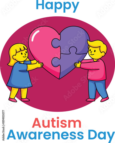 Autism awareness day card featuring two children joining pink and purple heart shaped puzzle pieces on magenta background