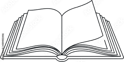 Minimalist outline illustration of an open book with pages gently fanning, symbolizing knowledge, learning, and storytelling in a clean, graphic design element