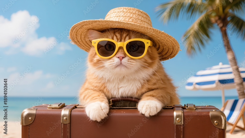 Fototapeta premium Cute ginger cat in straw hat and sunglasses sitting on suitcase at the beach under palm trees