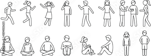Minimalist line art icon set featuring diverse people characters in various poses including running jumping sitting talking and yoga exercises