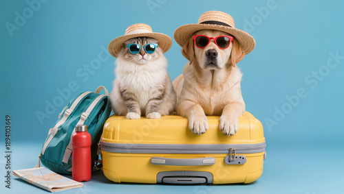 Funny cat and dog in sunglasses and straw hats sitting on yellow suitcase with travel items. Summer vacation pet travel concept