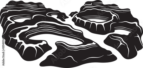 Black and White Illustration of Rocky Mountain Landscape Terrain