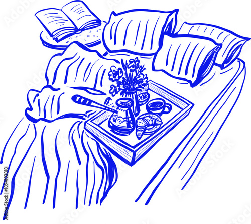 Slow morning coffee in bed, sketch illustration