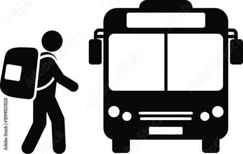 A person with a backpack walking towards a bus