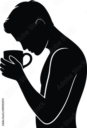 Black silhouette of a man holding and smelling a coffee cup vector illustration