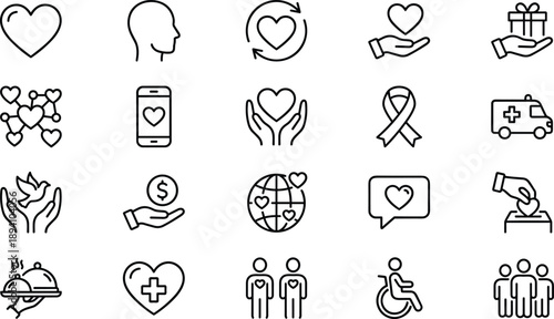 Charity donation line icons set, love care health support, volunteer help, medical aid, modern minimal vector illustration
