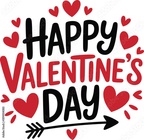 Happy Valentines Day text with red hearts and arrow 