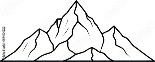 A minimalist black and white outline illustration depicting a majestic mountain range with sharp, towering peaks, symbolizing adventure, strength, and nature's grandeur