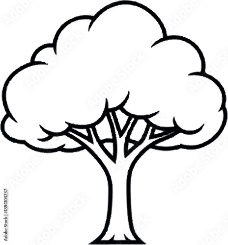 A simple, elegant illustration of a deciduous tree, showcasing its robust trunk and full, leafy canopy in a classic black and white outline design