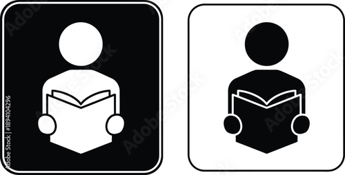 Black and white icons of people reading books in contrasting colors